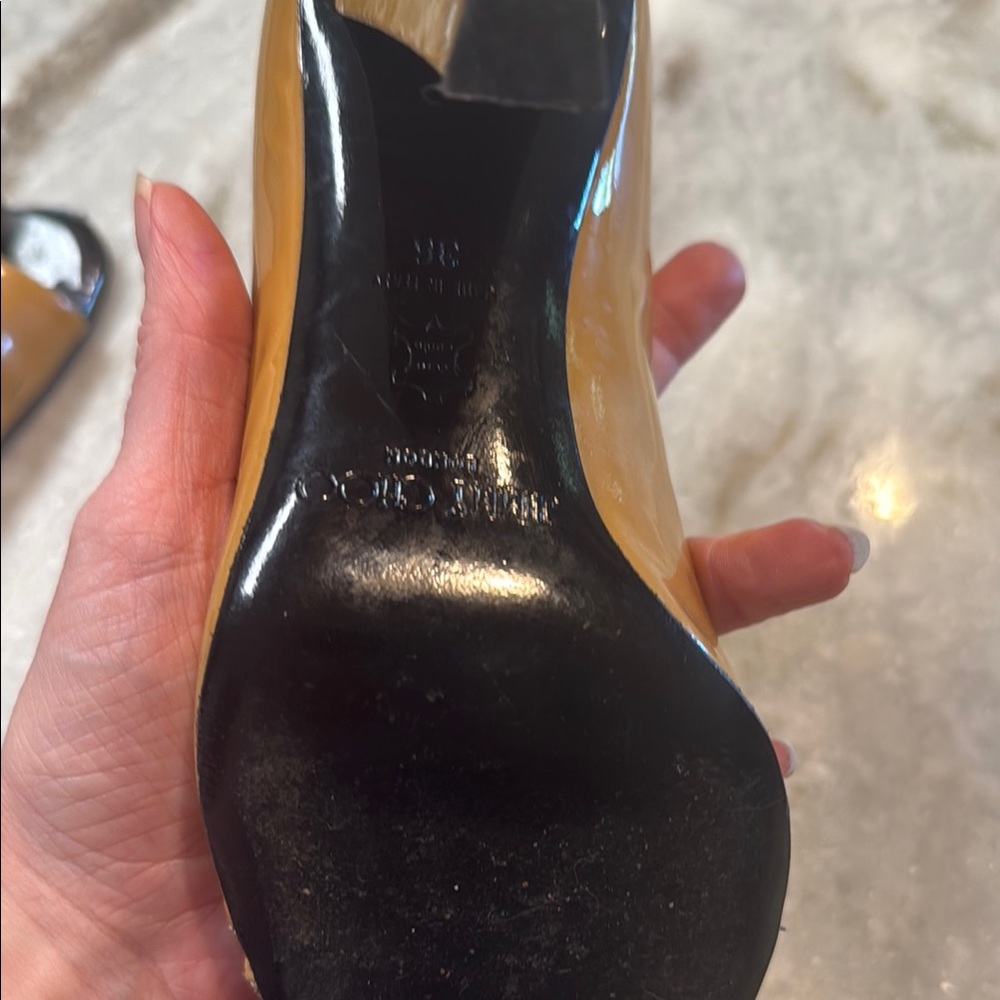 Jimmy Choo Tan and Black Peep patent leather Toe Heels - Picture 12 of 12